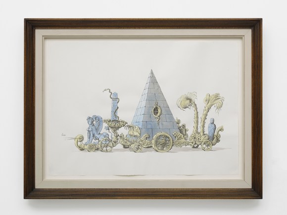 Pablo Bronstein, Festival Cart in the Egyptian Taste, 2018, Ink and watercolour on paper, artist's frame, 61.1 x 46.3 x 4 cm, courtesy of the artist and Herald Street, London.jpg