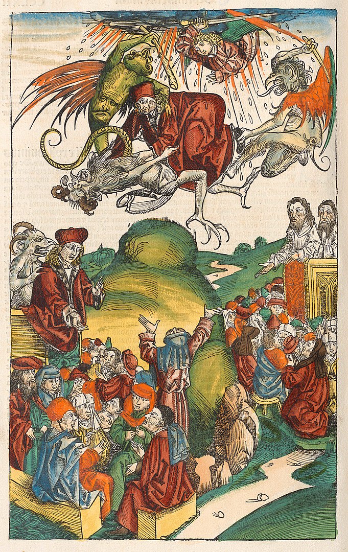 A printed image painted with color showing Simon Magus attacked by Angels