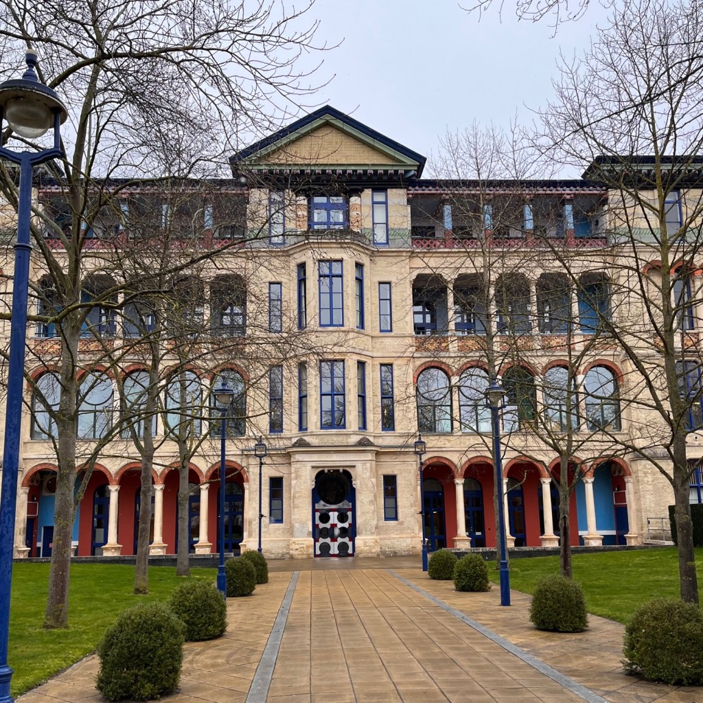 A post-modernist building in the rain
